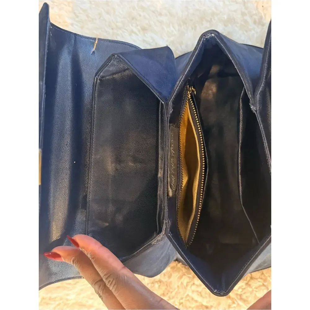 Vintage Saks Fifth Ave Classic Dark Blue Suede Top-Handle Bag with Gold Hardware
